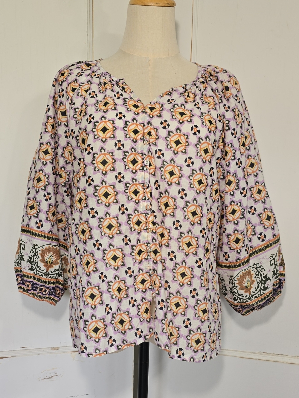 Cleobella Ramona Boho Print Blouse - 3/4 Puff Sleeve Organic Cotton Sz S